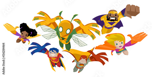 superhero team jumping flying