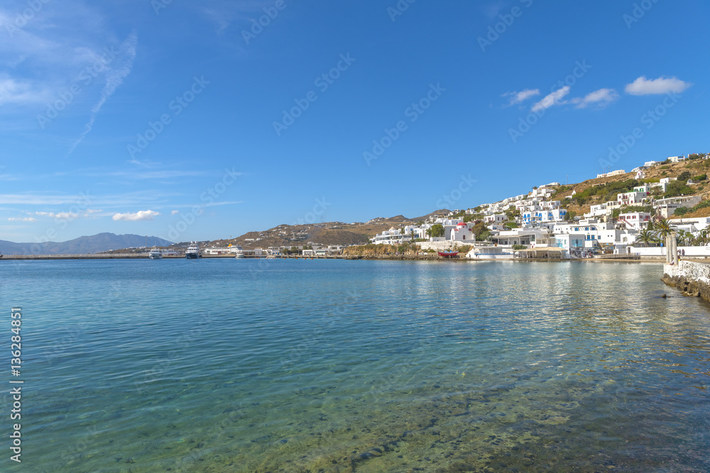 Panoramic view of Mykonos port, Cyclades, Greece during summer. Panoramic view of Mykonos port, Cyclades, Greece during summer.