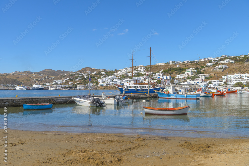 Traditional fishing boats at the port of Mykonos, Cyclades, Gree