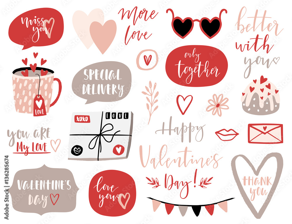 Valentines Day set with love elements, heart, overlays, calligraphy, speech bubbles and etc.