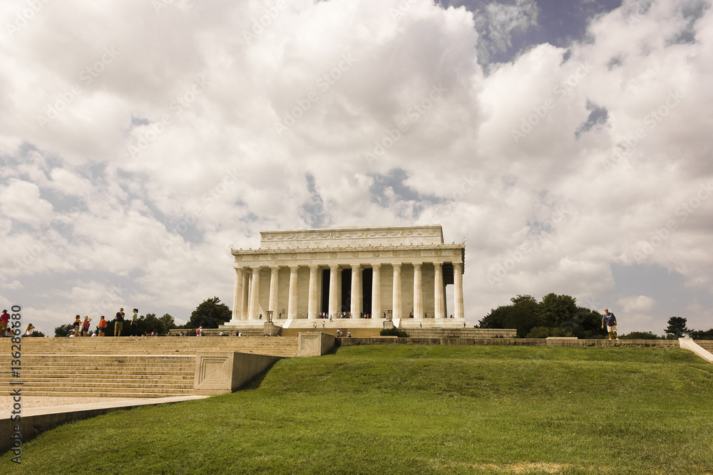 Grand view of the historic neoclassical temple, the Lincoln Memorial on the National Mall, Washington DC
