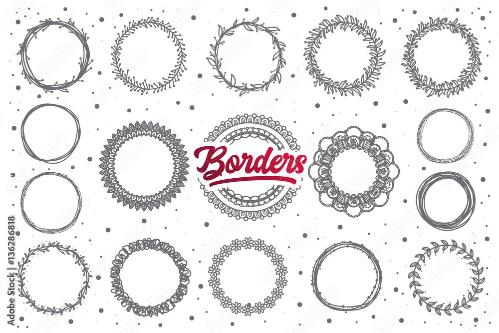 Hand drawn borders doodle set with dark red lettering in vector