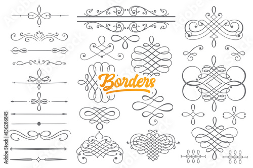 Hand drawn borders doodle set with orange lettering in vector photo