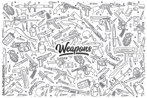 Hand drawn weapons doodle set with black lettering in vector