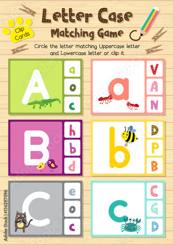 Clip cards matching game of letter case A, B, C for preschool kids activity worksheet in animals theme colorful printable version layout in A4.