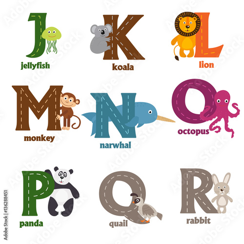 alphabet with animals J to R  - vector illustration, eps