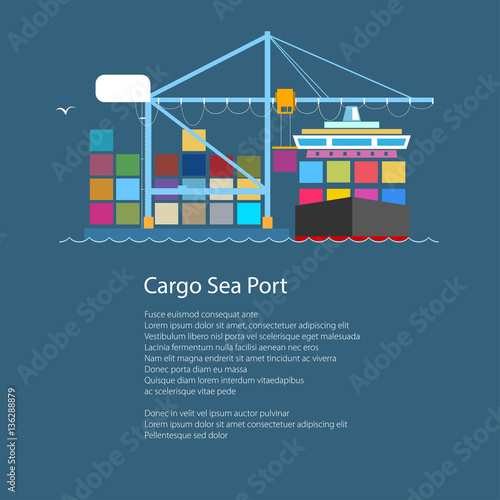 Cargo Container Ship and Text, Unloading Containers from a Cargo Ship in a Seaport with Crane, International Freight Transportation, Poster Brochure Flyer Design,Vector Illustration