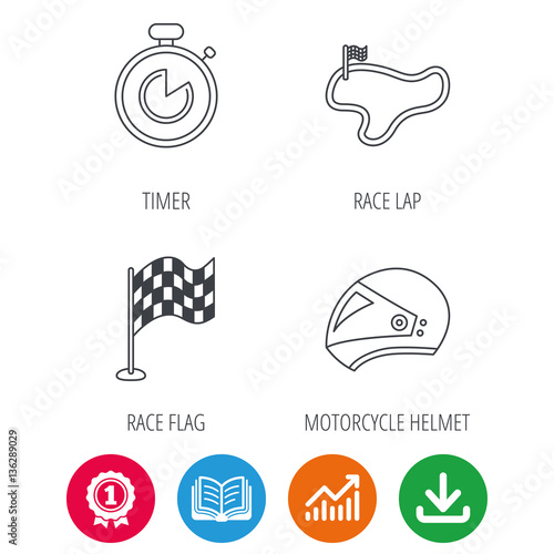 Race flag, timer and motorcycle helmet icons. Race lap linear sign. Award medal, growth chart and opened book web icons. Download arrow. Vector