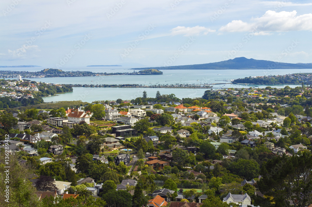 View to Urban Landscape and Rangitoto Island from Mt Hobson Auckland New Zealand