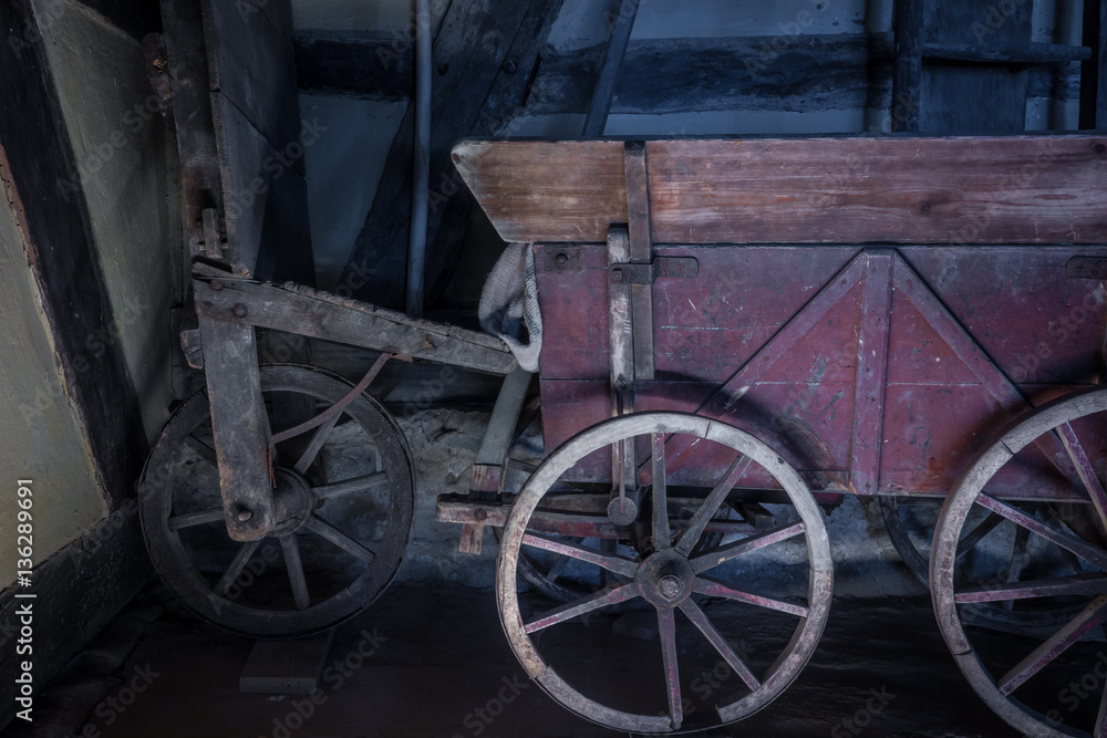The old wheel of a cart in barn