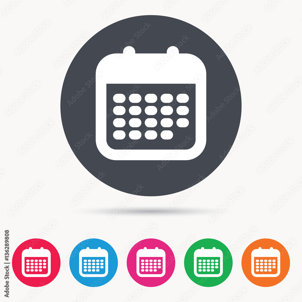 Calendar icon. Events reminder symbol. Colored circle buttons with flat web icon. Vector Calendar icon. Events reminder symbol. Colored circle buttons with flat web icon. Vector