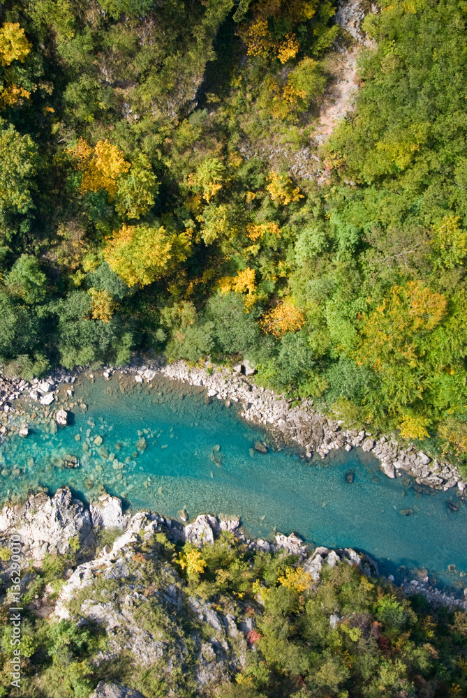 Aerial view of turquoise mountain river surrounded with autumn colored forest