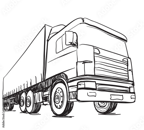 Sketch logistics and delivery poster. Hand drawn truck