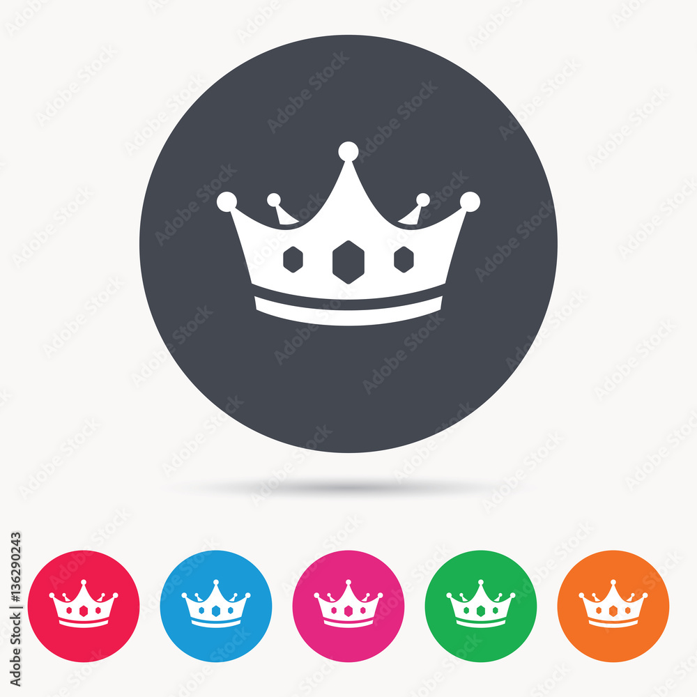 Crown icon. Royal throne leader symbol. Colored circle buttons with flat web icon. Vector Crown icon. Royal throne leader symbol. Colored circle buttons with flat web icon. Vector