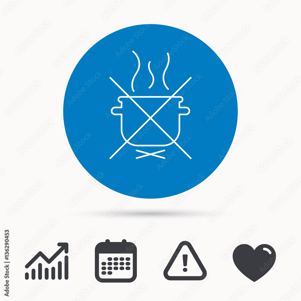 Boiling saucepan icon. Do not boil water sign. Cooking manual attenction symbol. Calendar, attention sign and growth chart. Button with web icon. Vector Boiling saucepan icon. Do not boil water sign. Cooking manual attenction symbol. Calendar, attention sign and growth chart. Button with web icon. Vector