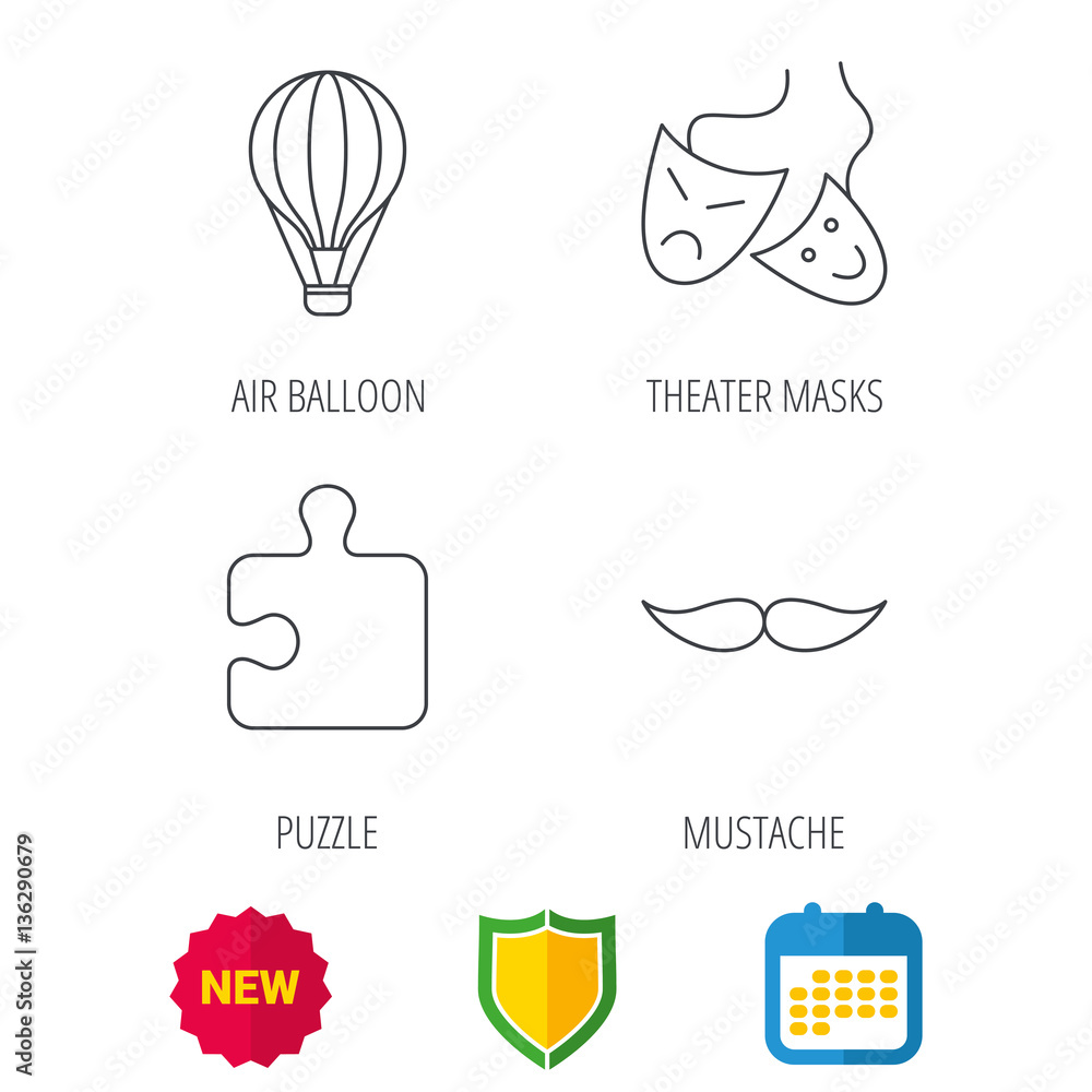 Puzzle, air balloon and theater masks. Mustache linear sign. Shield protection, calendar and new tag web icons. Vector Puzzle, air balloon and theater masks. Mustache linear sign. Shield protection, calendar and new tag web icons. Vector