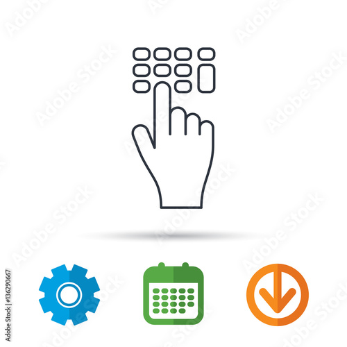 Enter pin code icon. Click hand pointer sign. Calendar, cogwheel and download arrow signs. Colored flat web icons. Vector