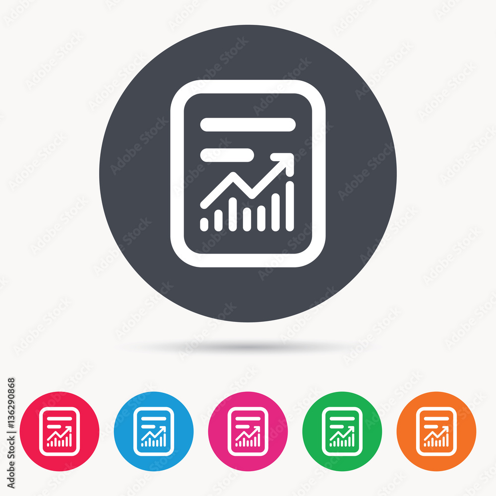 Report file icon. Document page with statistics symbol. Colored circle buttons with flat web icon. Vector Report file icon. Document page with statistics symbol. Colored circle buttons with flat web icon. Vector