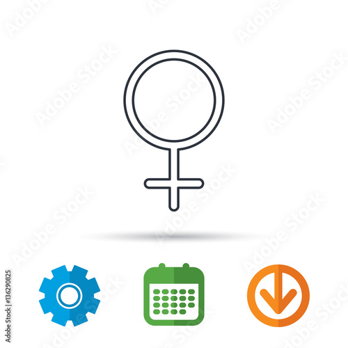 Female icon. Women sex sign. Calendar, cogwheel and download arrow signs. Colored flat web icons. Vector