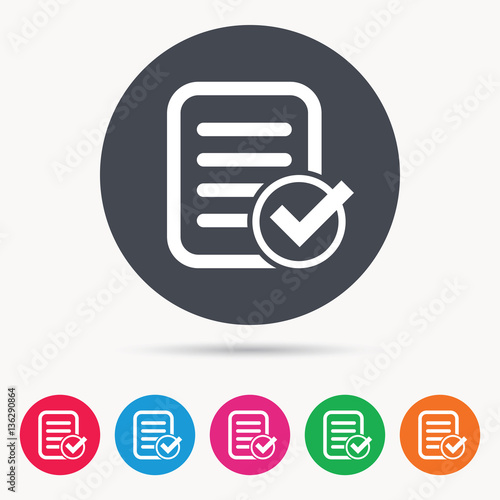 File selected icon. Document page with check symbol. Colored circle buttons with flat web icon. Vector