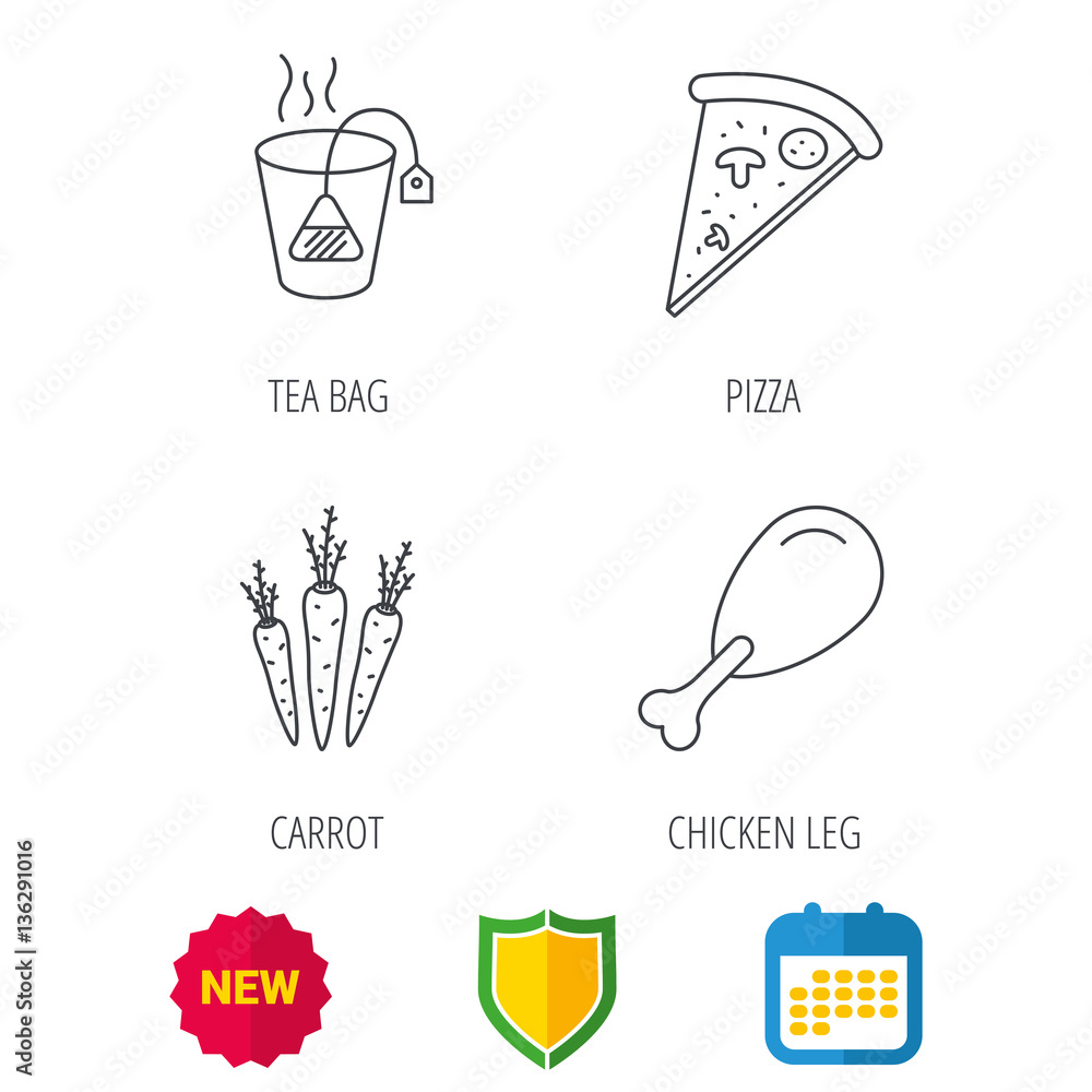 Chicken leg, pizza and soft tea bag icons. Carrot linear sign. Shield protection, calendar and new tag web icons. Vector Chicken leg, pizza and soft tea bag icons. Carrot linear sign. Shield protection, calendar and new tag web icons. Vector