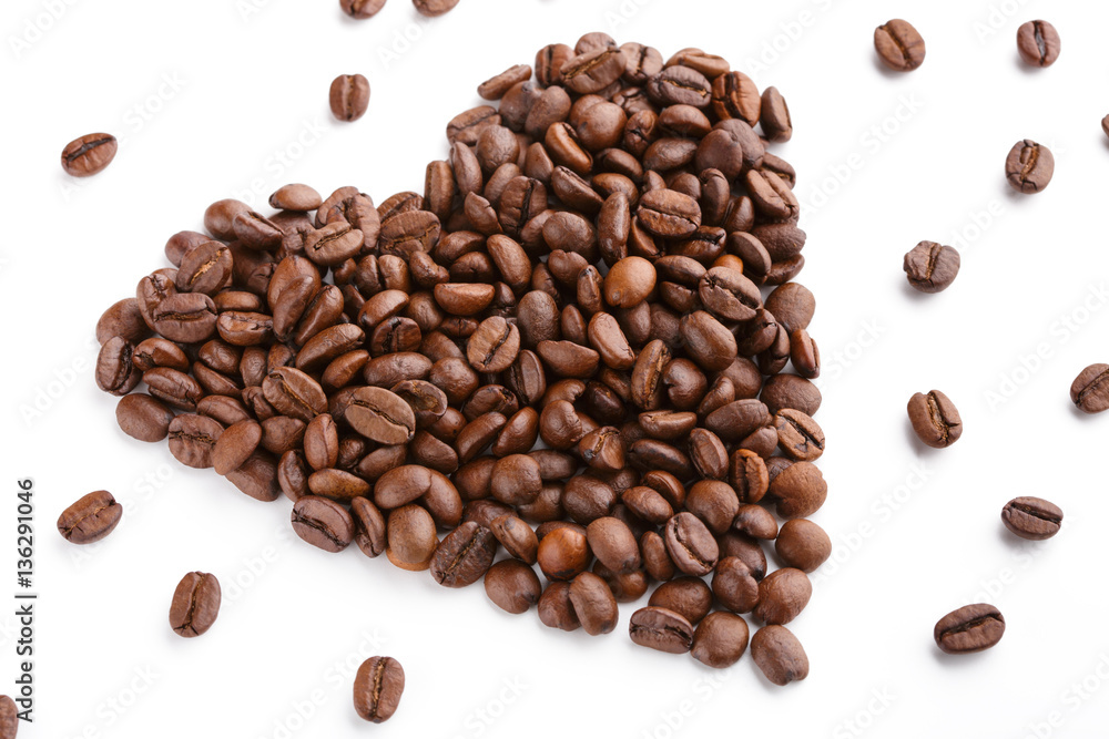 roasted coffee beans isolated in white background. Roasted coffee beans background close up. Coffee beans pile from top on white background with copy space for text. Good morning. roasted coffee beans isolated in white background. Roasted coffee beans background close up. Coffee beans pile from top on white background with copy space for text. Good morning.