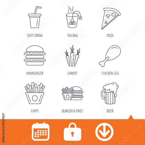 Hamburger, pizza and soft drink icons. Beer, tea bag and chips fries linear signs. Chicken leg, carrot icons. Download arrow, locker and calendar web icons. Vector