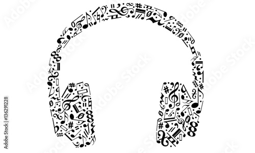 Silhouette of headphones made of musical notes isolated on white