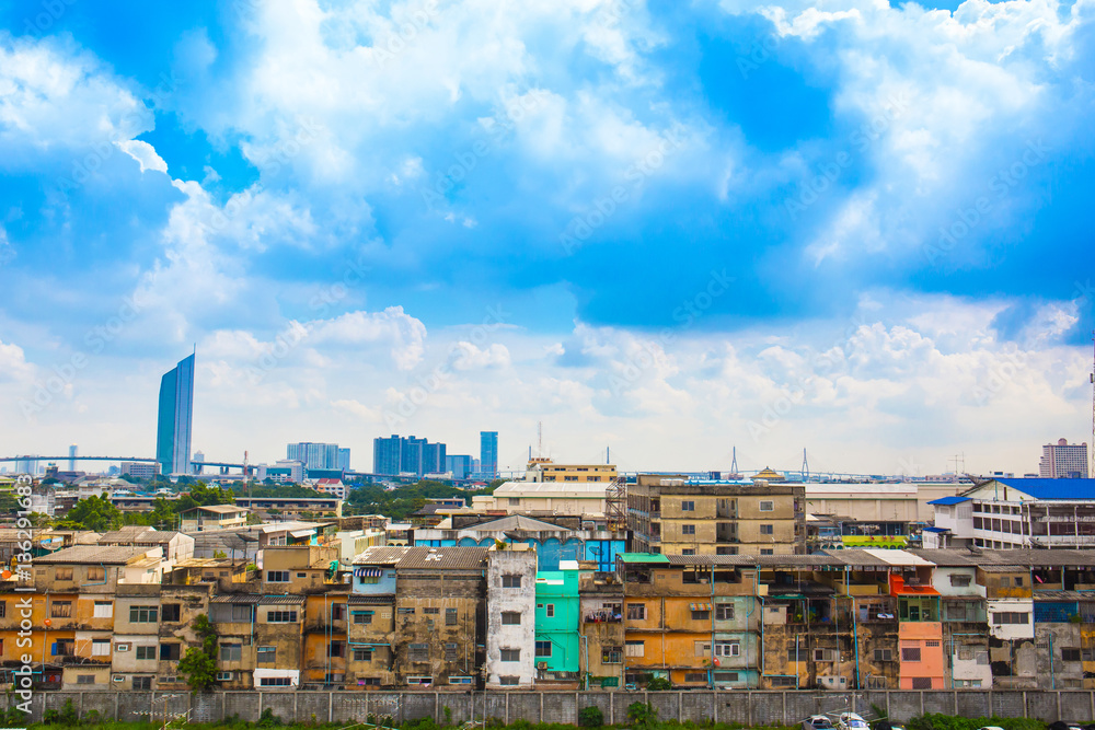 Naklejka premium Beautiful View of building in city, blue sky, Bangkok, Thailand
