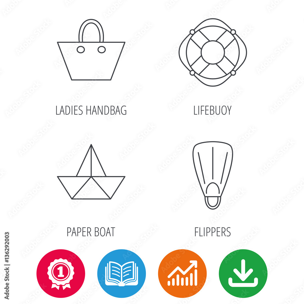 Paper boat, flippers and lifebuoy icons. Women handbag linear sign. Award medal, growth chart and opened book web icons. Download arrow. Vector
