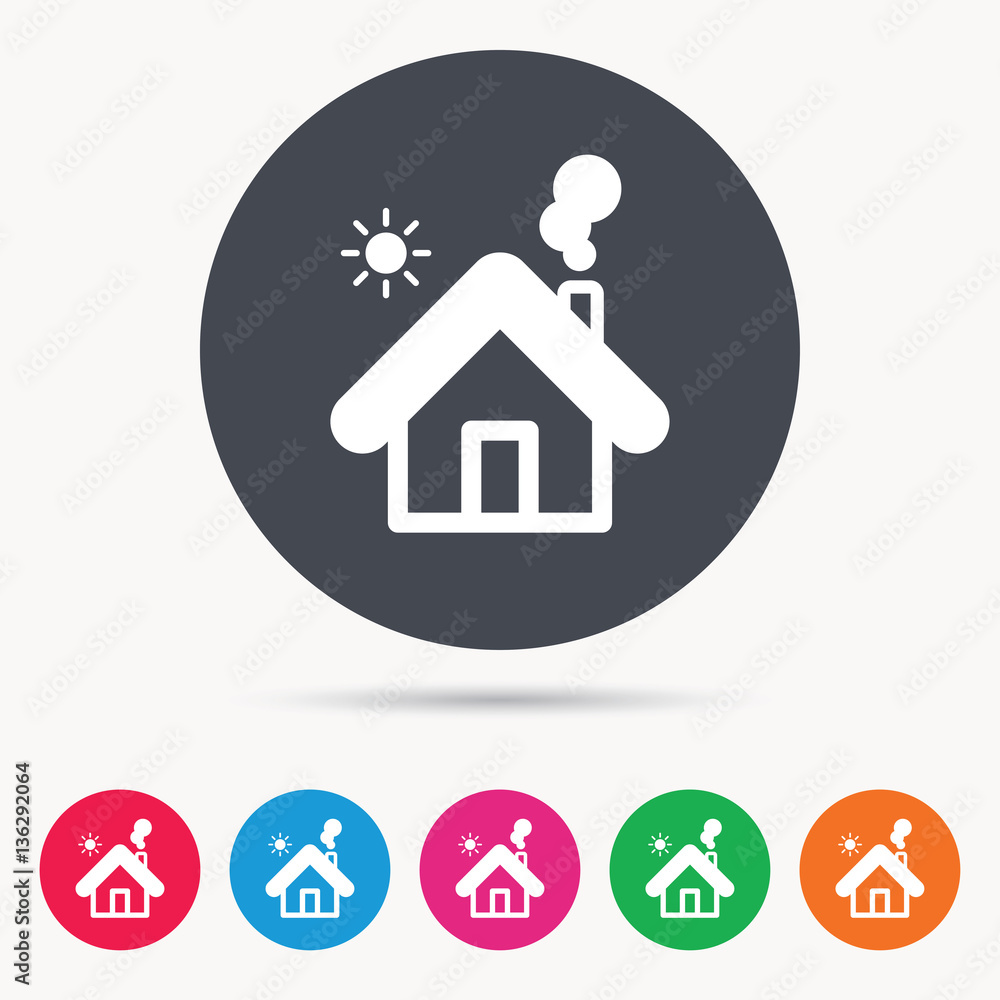 Home icon. House building symbol. Real estate construction. Colored circle buttons with flat web icon. Vector Home icon. House building symbol. Real estate construction. Colored circle buttons with flat web icon. Vector