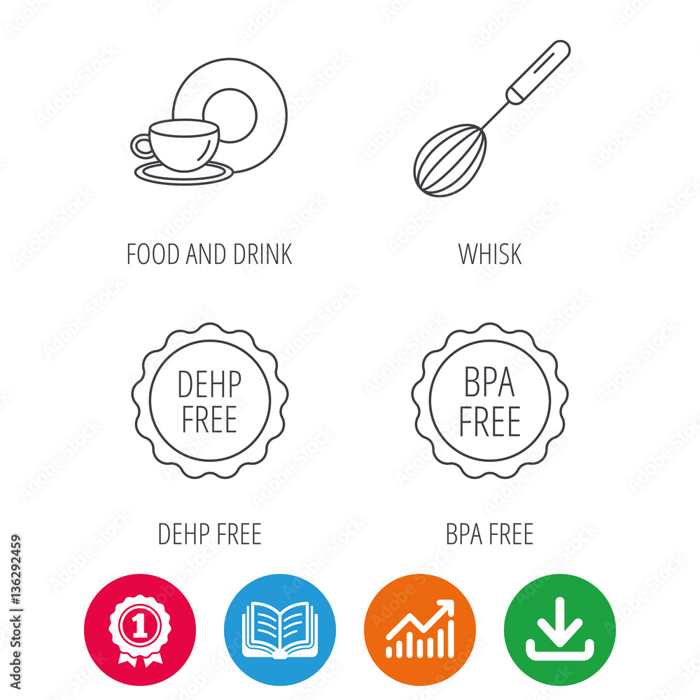 Food and drink, whisk and BPA free icons. DEHP free linear sign. Award medal, growth chart and opened book web icons. Download arrow. Vector