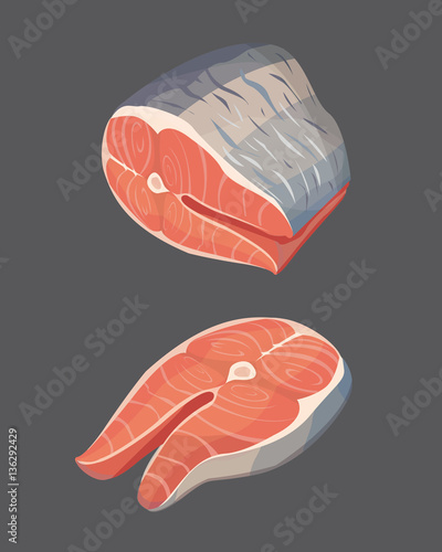Flat salmon steak and lemon. Fresh organic seafood. Vector illustration.