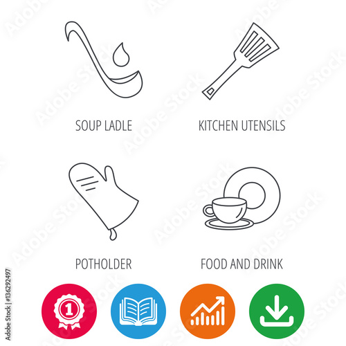Soup ladle, potholder and kitchen utensils icons. Food and drink linear signs. Award medal, growth chart and opened book web icons. Download arrow. Vector