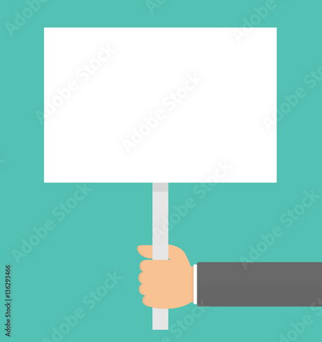 Hand holding placard or protest board. Flat design