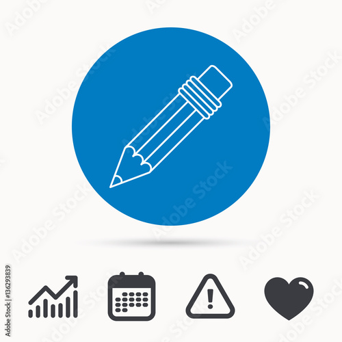 Pencil icon. Drawing tool sign. Calendar  attention sign and growth chart. Button with web icon. Vector