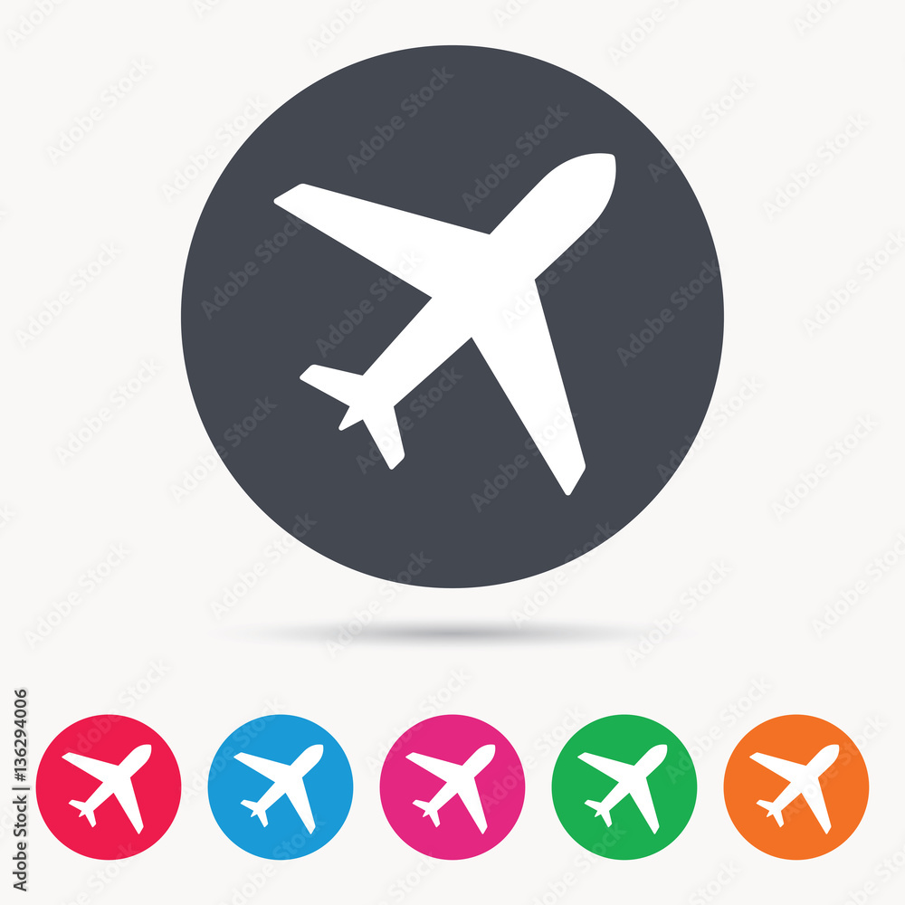 Plane icon. Flight transport symbol. Colored circle buttons with flat web icon. Vector