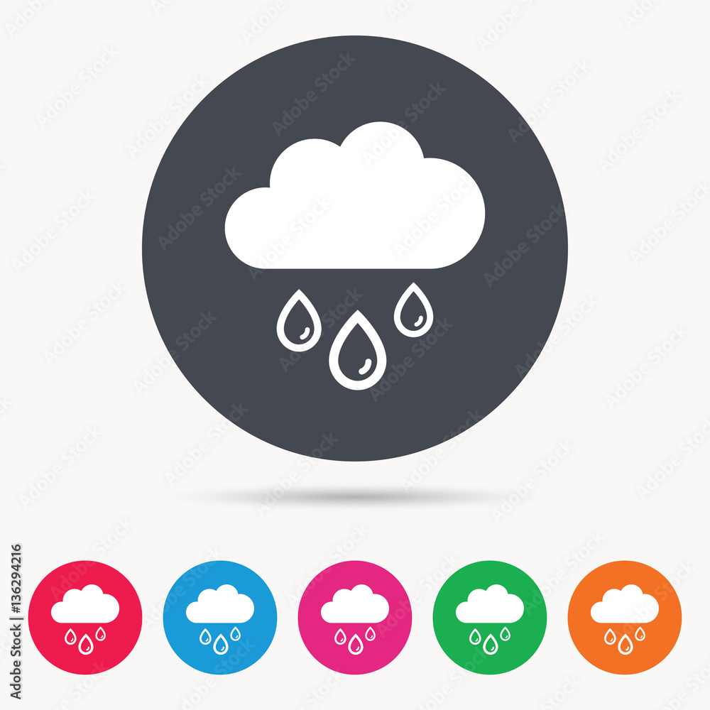 Cloud with rain drops icon. Rainy day symbol. Colored circle buttons with flat web icon. Vector Cloud with rain drops icon. Rainy day symbol. Colored circle buttons with flat web icon. Vector
