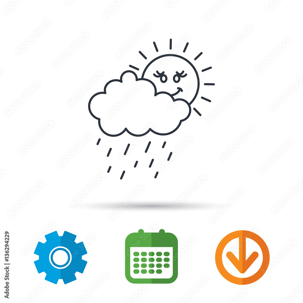Rain and sun icon. Water drops and cloud sign. Rainy overcast day symbol. Calendar, cogwheel and download arrow signs. Colored flat web icons. Vector Rain and sun icon. Water drops and cloud sign. Rainy overcast day symbol. Calendar, cogwheel and download arrow signs. Colored flat web icons. Vector