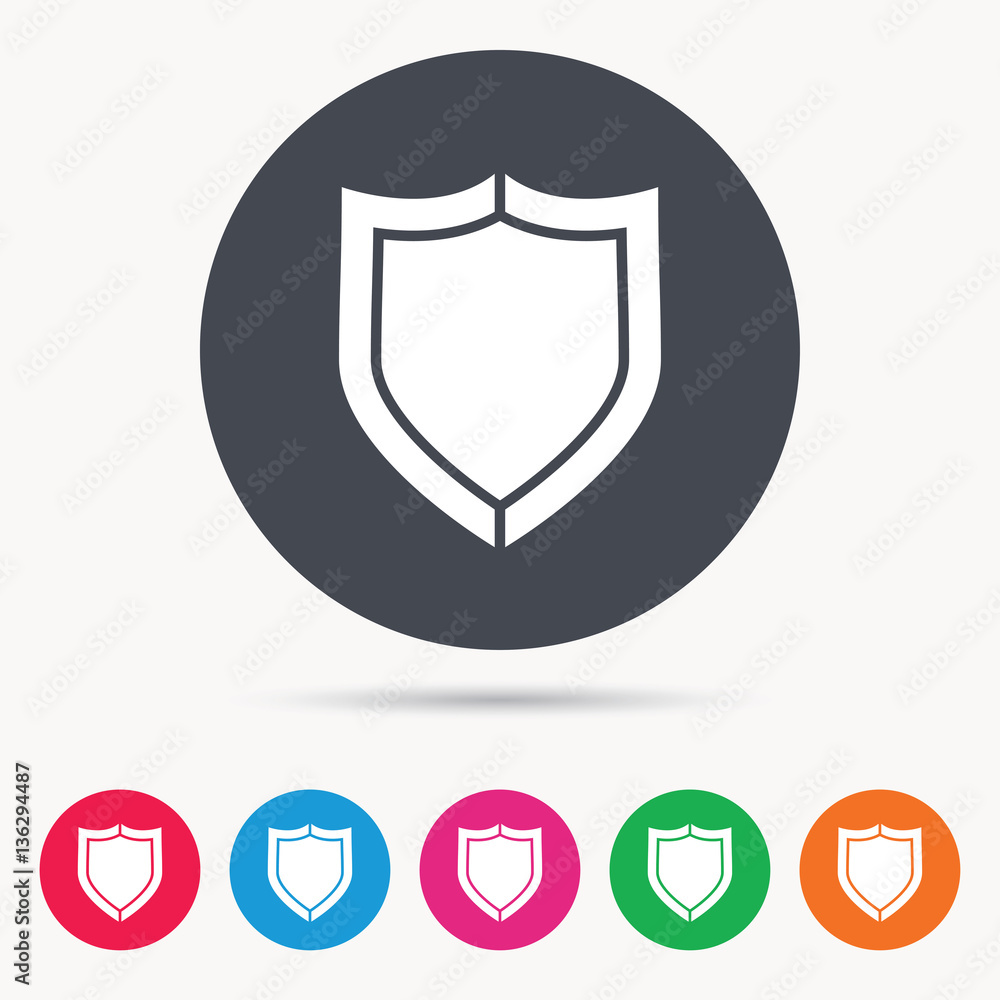 Shield protection icon. Defense equipment symbol. Colored circle buttons with flat web icon. Vector Shield protection icon. Defense equipment symbol. Colored circle buttons with flat web icon. Vector