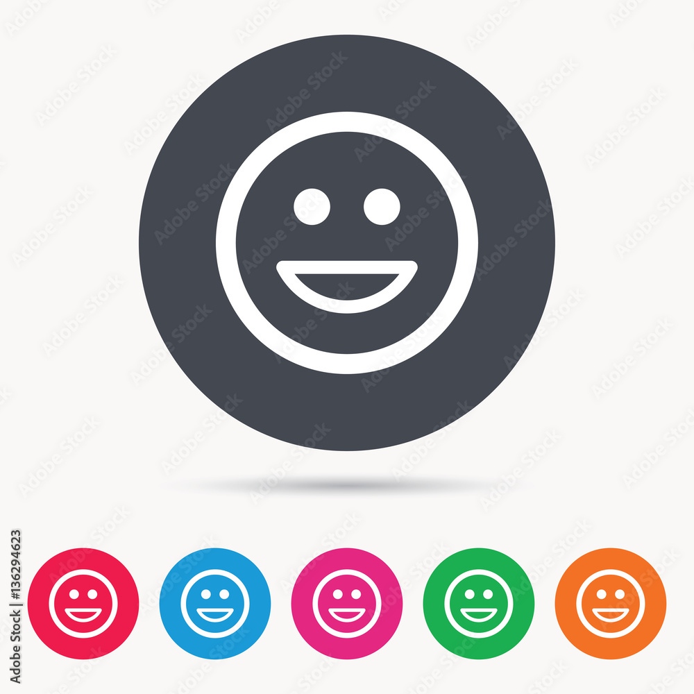 Fototapeta premium Happy smile icon. Smiley laugh emoticon symbol. Colored circle buttons with flat web icon. Vector