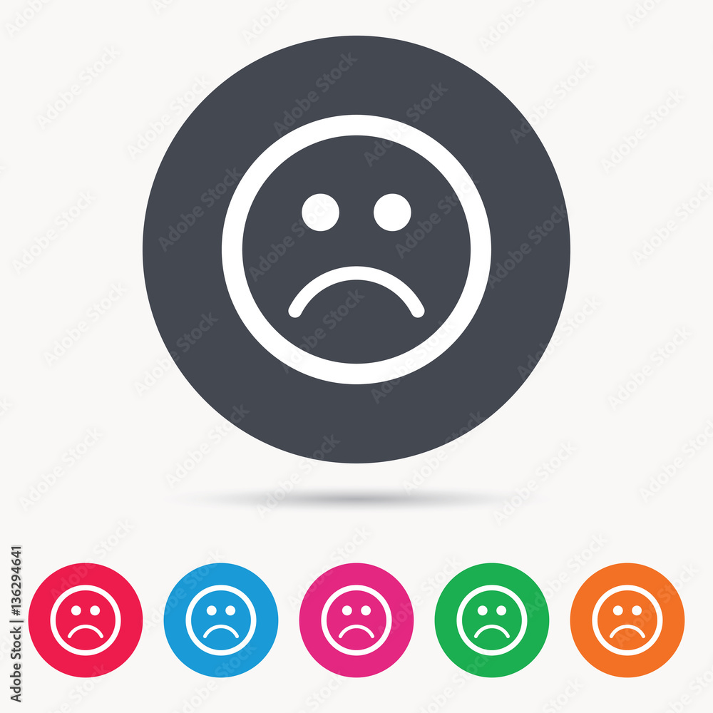 Fototapeta premium Sad smiley icon. Bad feedback symbol. Colored circle buttons with flat web icon. Vector
