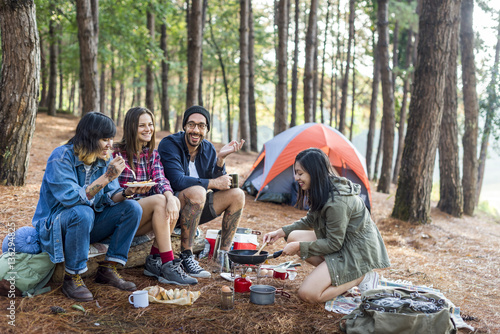 Friends Camping Eating Food Concept