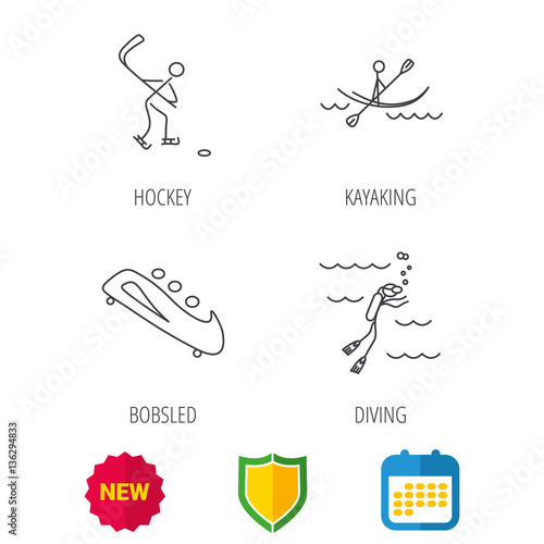 Ice hockey, diving and kayaking icons. Bobsled linear sign. Shield protection, calendar and new tag web icons. Vector