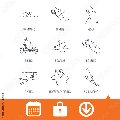 Swimming  tennis and golf icons. Biking  diving and horseback riding linear signs. Ski jumping  boating and bobsleigh icons. Download arrow  locker and calendar web icons. Vector