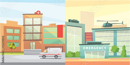 Set Hospital building cartoon modern vector illustration. Medical Clinic and city background. Emergency room exterior.