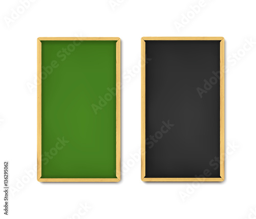 School board banner set. Realistic vector illustration of green and black boards with chalk and wooden borders. Vertical web banners with shadow isolated on white background.