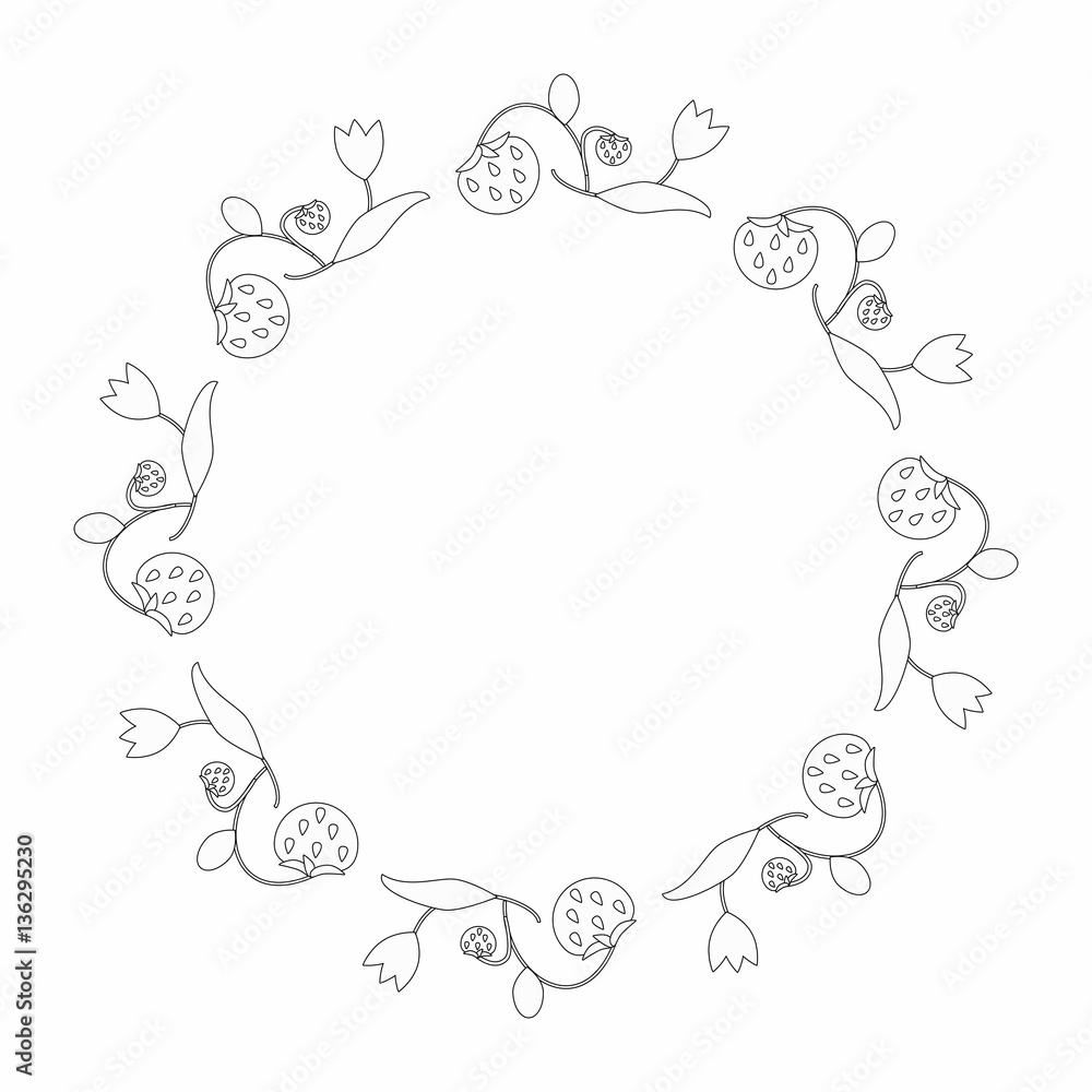 Elegant round frame the contours of flowers and strawberries. Simple spring decoration of the plant elements. Berries and tulips. Elegant round frame the contours of flowers and strawberries. Simple spring decoration of the plant elements. Berries and tulips.