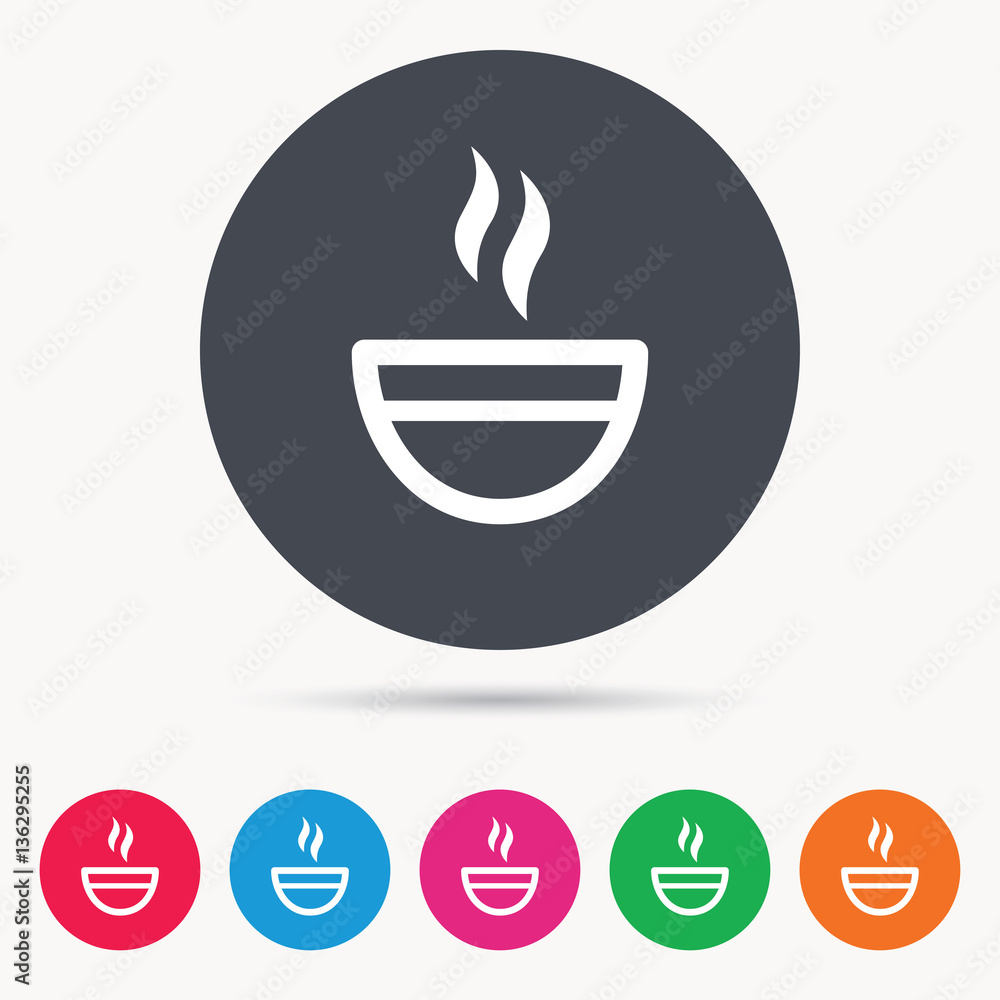 Tea cup icon. Hot coffee drink symbol. Colored circle buttons with flat web icon. Vector Tea cup icon. Hot coffee drink symbol. Colored circle buttons with flat web icon. Vector