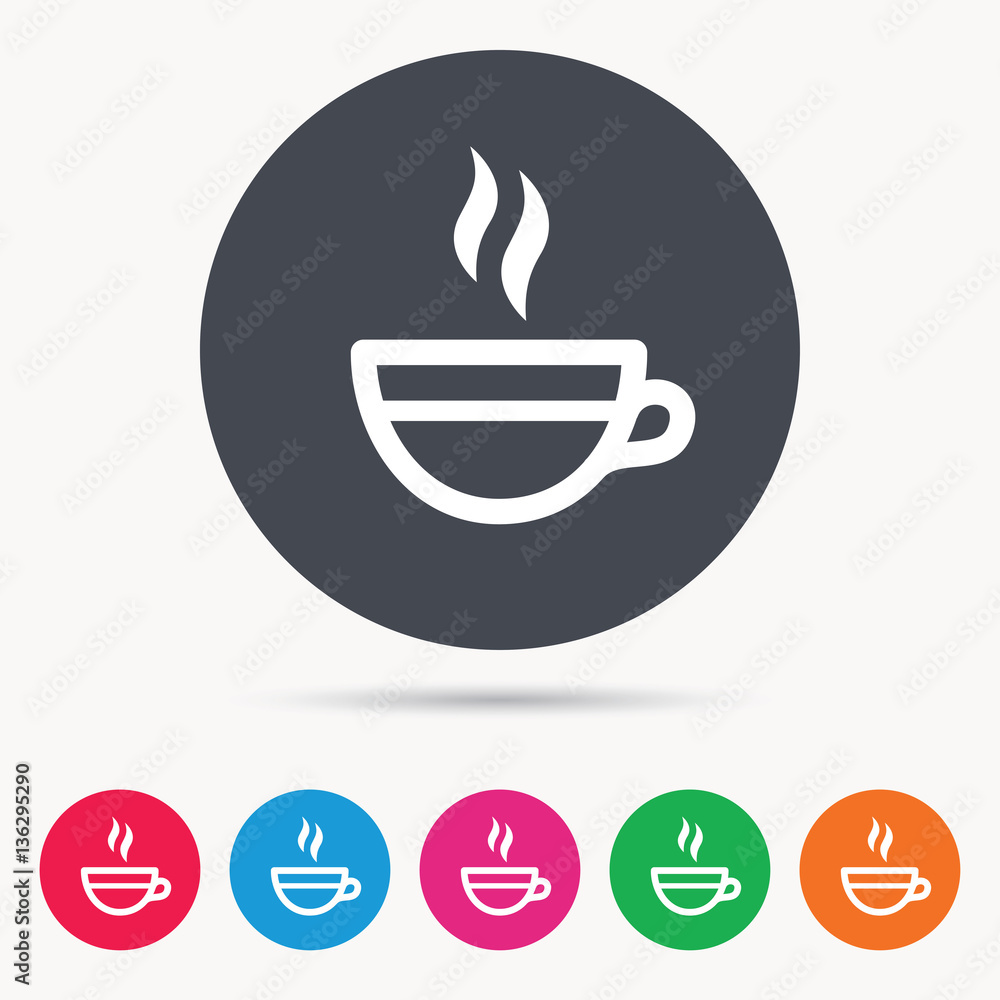 Tea cup icon. Hot coffee drink symbol. Colored circle buttons with flat web icon. Vector Tea cup icon. Hot coffee drink symbol. Colored circle buttons with flat web icon. Vector